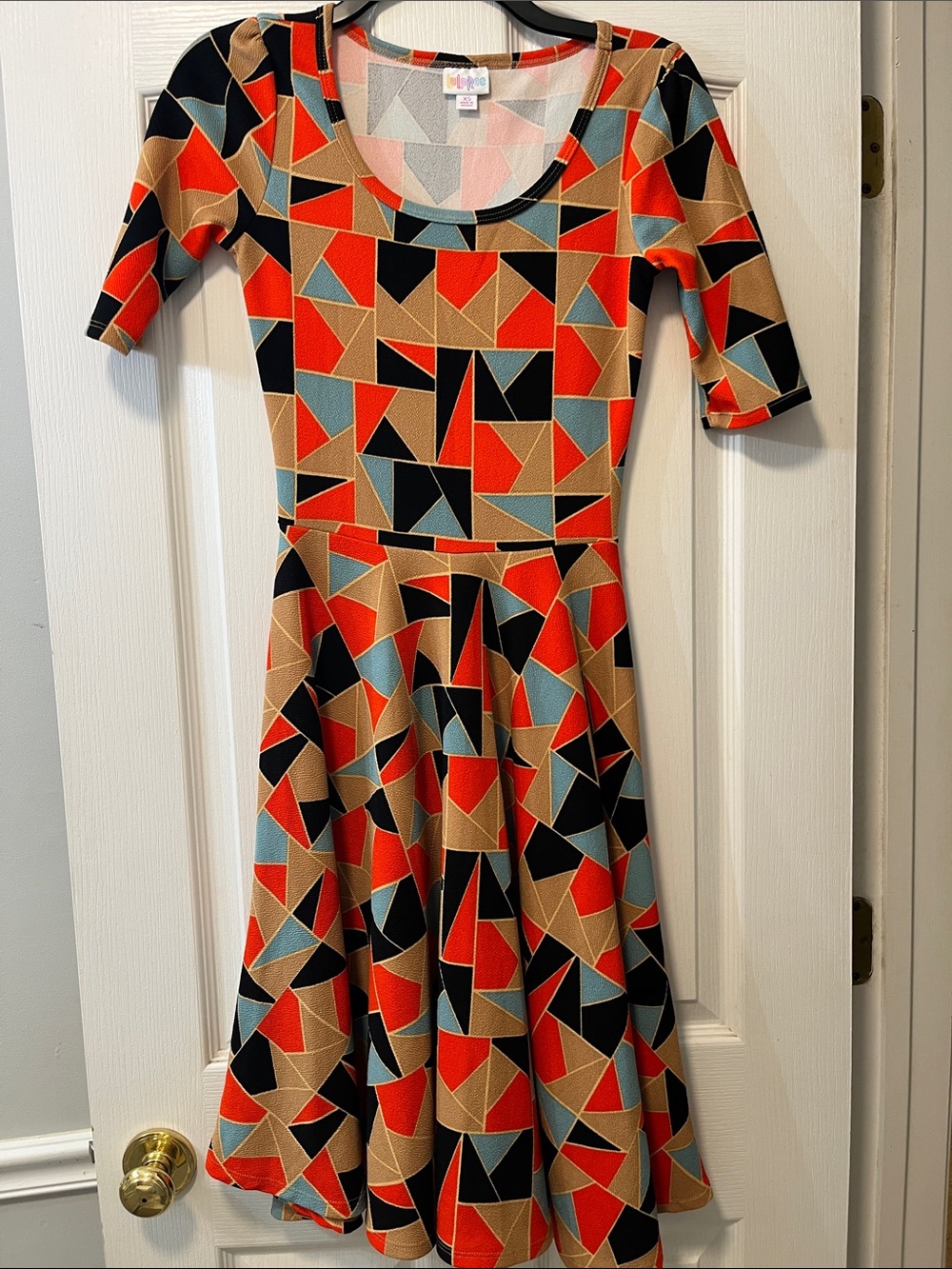 LuLaRoe Geometric Midi Dress in Red, Beige, Black & Blue